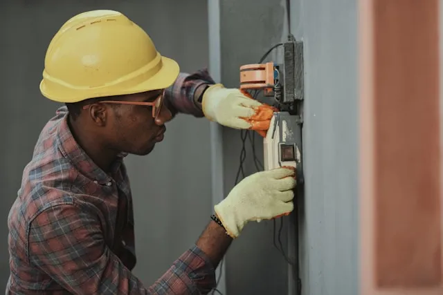 Técnico realizando manutenção no sistema de tração de um elevador